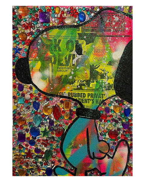 Bling Dog Painting by Barrie J Davies 2022, Mixed media on Canvas, 30cm x 42cm, Unframed and ready to hang.
