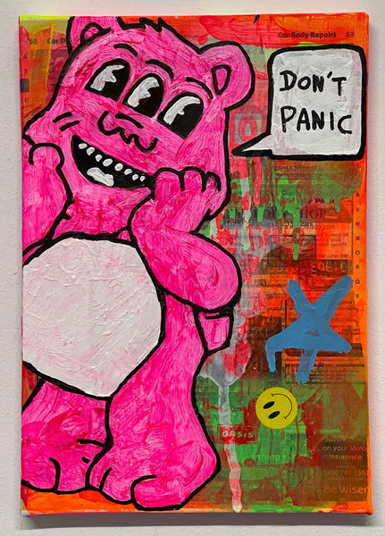 Don't Panic Painting by Barrie J Davies 2024, Mixed media on Canvas, 21 cm x 29 cm, Unframed and ready to hang.
