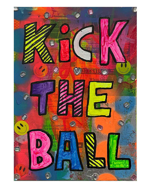Kick The Ball Painting by Barrie J Davies 2024, Mixed media on Canvas, 21 cm x 29 cm, Unframed and ready to hang.