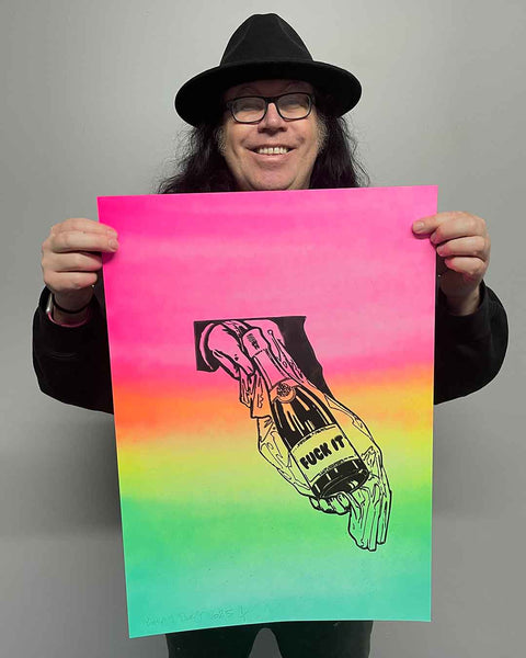 Rainbow Fuck It Print by Barrie J Davies 2024, Unframed Silkscreen print on paper, edition of 1/1 A2 size 42cm x 59cm.