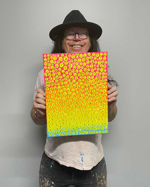 Shiny Happy People Painting by Barrie J Davies 2024, Mixed media on Canvas, 30 cm x 40 cm, Unframed and ready to hang.