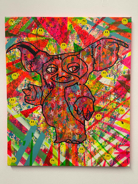 Gizmo painting by Barrie J Davies 2022, mixed media on canvas, Unframed, 50cm x 60cm.
