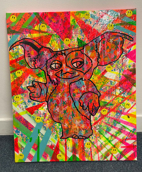 Gizmo painting by Barrie J Davies 2022, mixed media on canvas, Unframed, 50cm x 60cm.