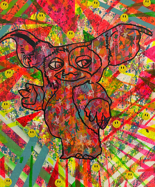 Gizmo painting by Barrie J Davies 2022, mixed media on canvas, Unframed, 50cm x 60cm.