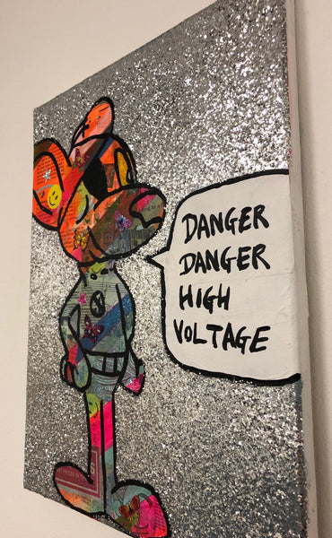 Danger danger high voltage by Barrie J Davies 2019, mixed media on canvas, unframed, 30cm x 40cm. Barrie J Davies is an Artist - Pop Art and Street art inspired Artist based in Brighton England UK - Pop Art Paintings, Street Art Prints & Editions available.