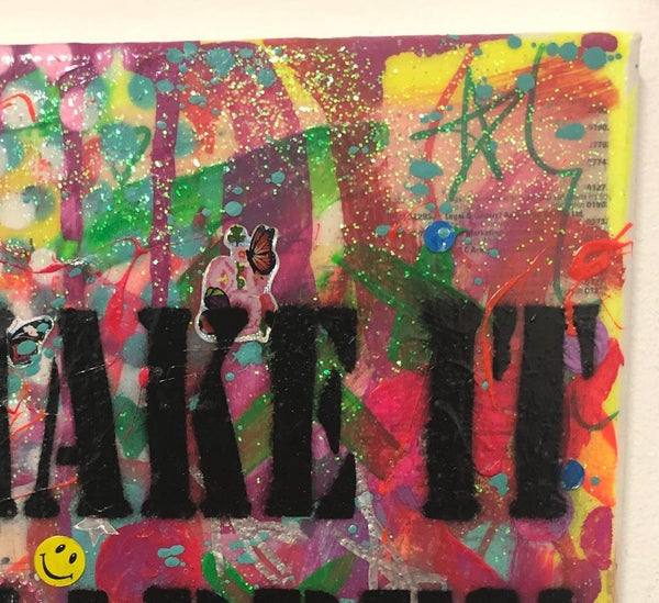 Make it Happen by Barrie J Davies 2019, Mixed media on Canvas, 20cm x 25cm, Unframed. Barrie J Davies is an Artist - Urban Pop Art and Street art inspired Artist based in Brighton England UK - Pop Art Paintings, Street Art Prints & collectables.