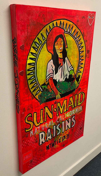 Sun Maid Raisins Painting by Barrie J Davies 2022, Mixed media on Canvas, 60cm x 90cm, Unframed and ready to hang.