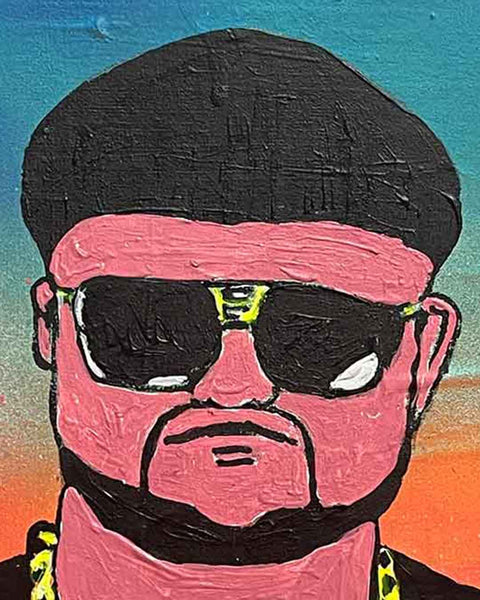 Ibiza Final Boss Painting by Barrie J Davies, Mixed media on Canvas, 23 cm x 30 cm, Unframed and ready to hang.