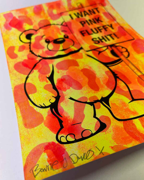 Leopard Pink Fluffy Print by Barrie J Davies, unframed Silkscreen print on paper (hand finished) edition of 1/1, A4 size 21 cm x 29.7 cm.