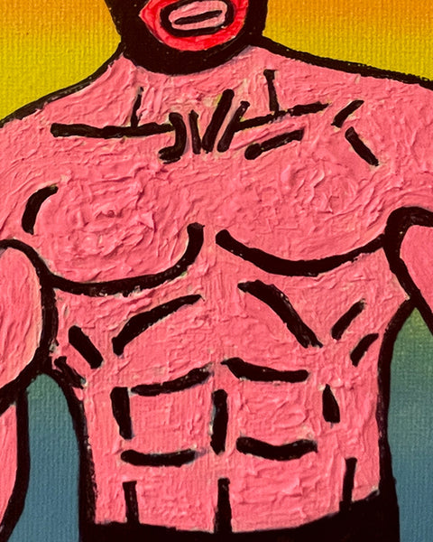 Toilet Wrestler Painting by Barrie J Davies, Mixed media on Canvas, 18 cm x 12 cm, Original Pop Art Painting, Unframed and ready to hang.