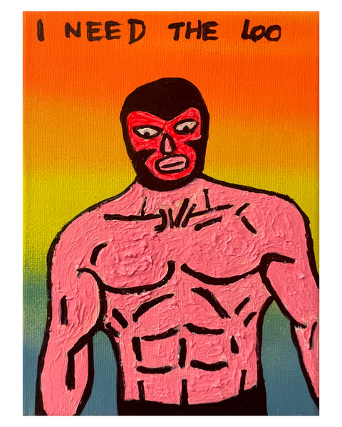 Toilet Wrestler Painting by Barrie J Davies, Mixed media on Canvas, 18 cm x 12 cm, Original Pop Art Painting, Unframed and ready to hang.