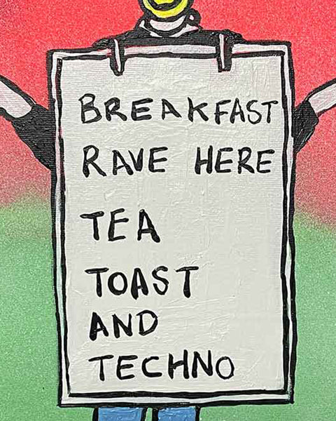Breakfast Rave Painting by Barrie J Davies, Mixed media on Canvas, 40 cm x 30 cm, Original Pop Art Painting, Unframed and ready to hang.
