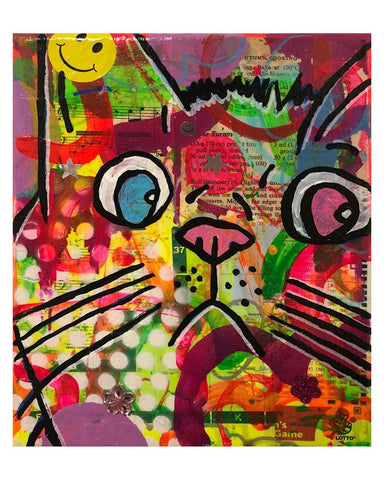 Cosmic moggy Painting by Barrie J Davies 2019, Mixed media on Canvas, 20cm x 25cm, Unframed.