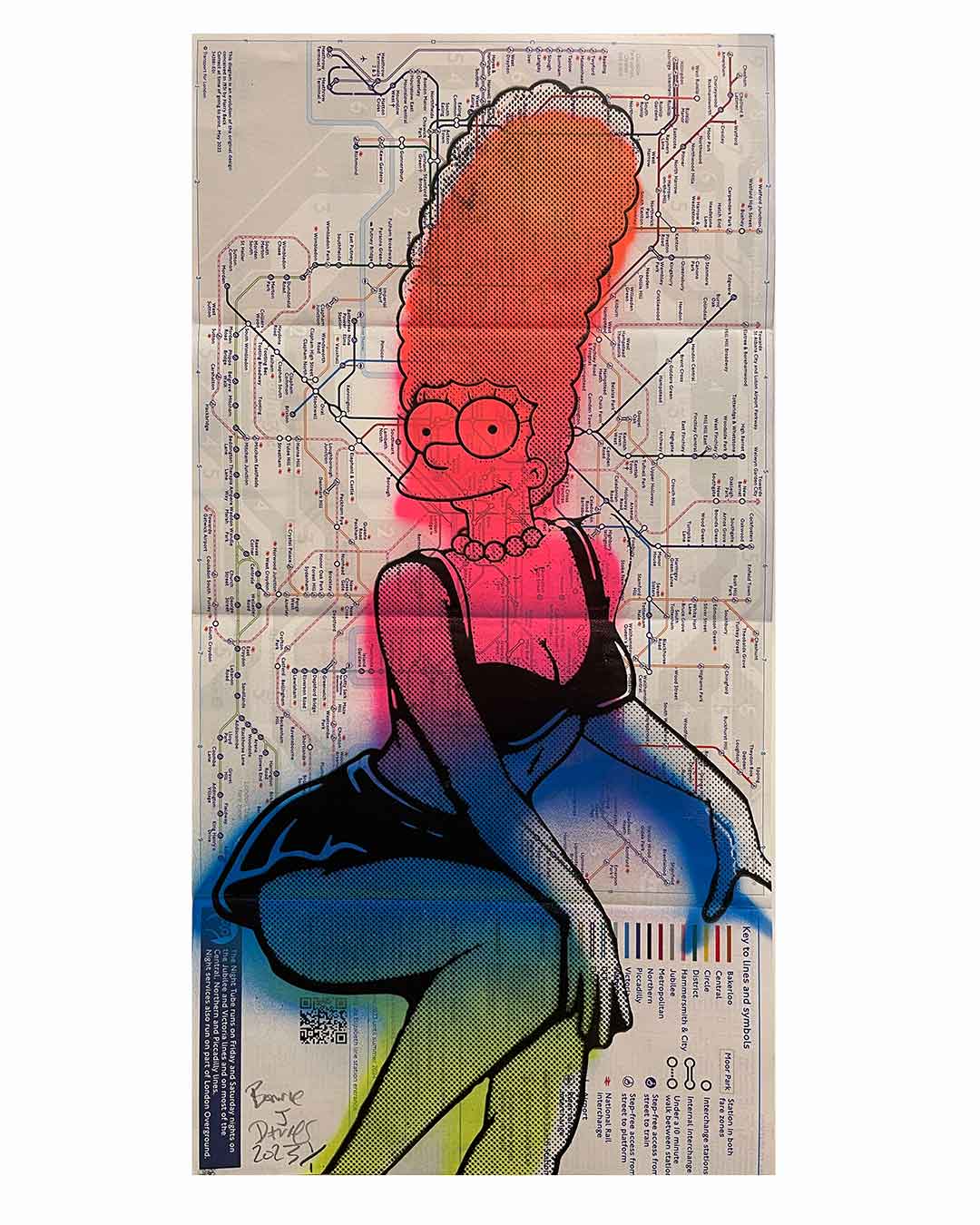 Electric Lady Subway Map Print by Barrie J Davies 2023, Unframed Silkscreen print on London tube map (hand finished), edition of 1/1 14.8cm x 29.5cm. 
