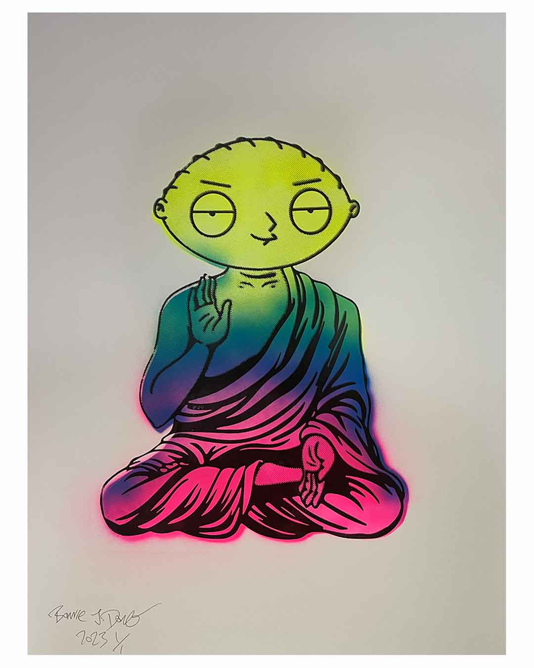 Family Guru Print by Barrie J Davies 2023, Unframed Silkscreen print on paper (hand finished), edition of 1/1 A2 size 42cm x 59cm.  