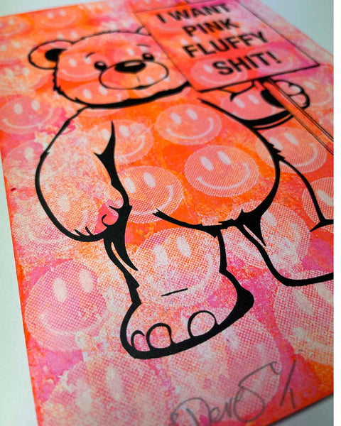 Happy Pink Fluffy Print by Barrie J Davies, unframed Silkscreen print on paper (hand finished) edition of 1/1, A4 size 21 cm x 29.7 cm.