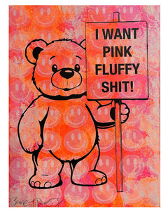 Happy Pink Fluffy Print by Barrie J Davies, unframed Silkscreen print on paper (hand finished) edition of 1/1, A4 size 21 cm x 29.7 cm.