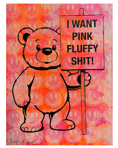 Happy Pink Fluffy Print by Barrie J Davies, unframed Silkscreen print on paper (hand finished) edition of 1/1, A4 size 21 cm x 29.7 cm.