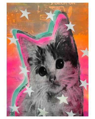 Kitschy Cat Space Print by Barrie J Davies 2025 - unframed Silkscreen print on paper (hand finished) edition of 1/1 - A3 size 29cm x 42cm.