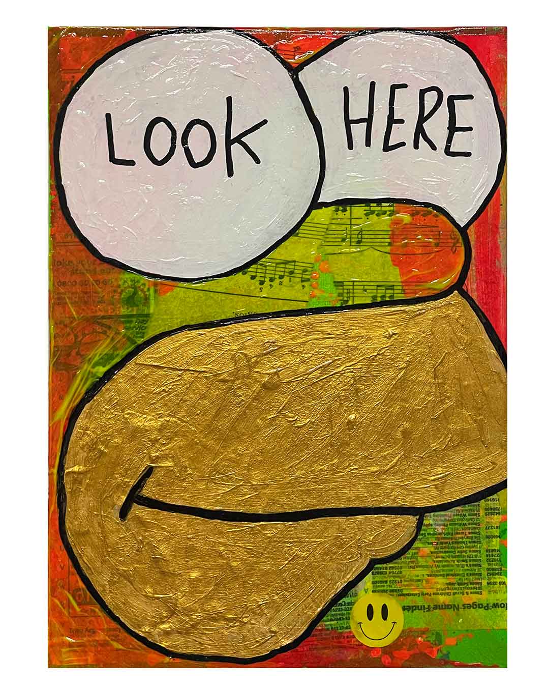 Look Here Painting by Barrie J Davies 2024, Mixed media on Canvas, 21 cm x 29 cm, Unframed and ready to hang.