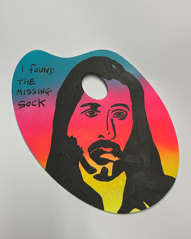 Missing Sock Painting by Barrie J Davies, Acrylic Paint on Artist Pallet, 20 cm x 30 cm, Unframed and ready to hang.