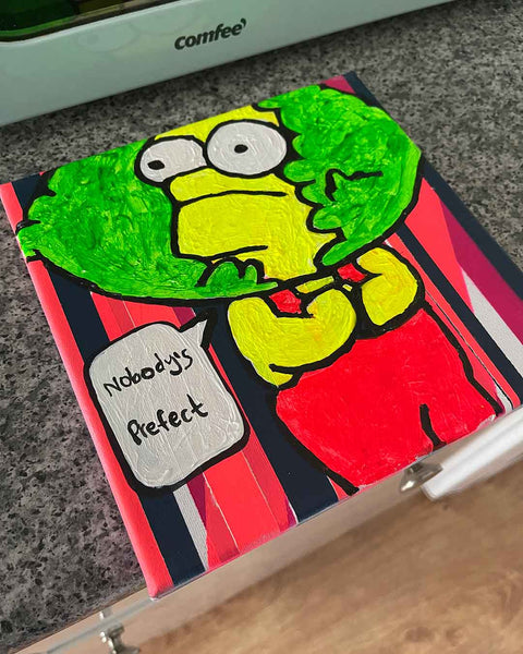 Nobody's Perfect Painting by Barrie J Davies, Mixed media on Canvas, 20 cm x 20 cm, Unframed and ready to hang.