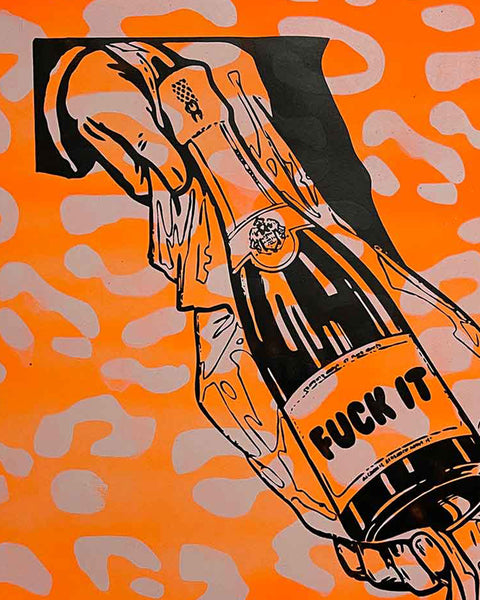 Orange Leopard Fuck It Print by Barrie J Davies, Unframed Silkscreen print on paper (hand finished), edition of 1/1 A3 size 29cm x 42cm.