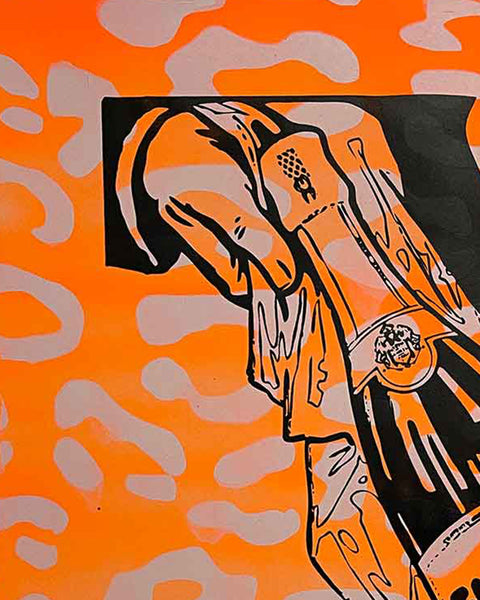 Orange Leopard Fuck It Print by Barrie J Davies, Unframed Silkscreen print on paper (hand finished), edition of 1/1 A3 size 29cm x 42cm.