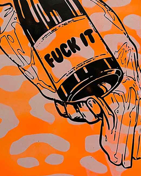 Orange Leopard Fuck It Print by Barrie J Davies, Unframed Silkscreen print on paper (hand finished), edition of 1/1 A3 size 29cm x 42cm.