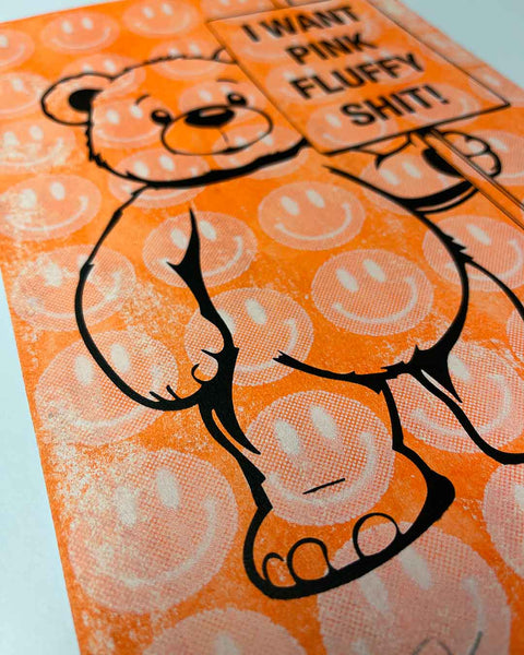 Orange Pink Fluffy Print by Barrie J Davies, unframed Silkscreen print on paper (hand finished) edition of 1/1, A4 size 21 cm x 29.7 cm.