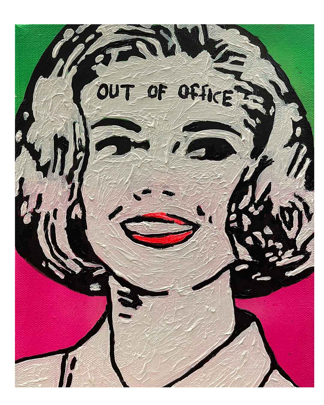 Out Of Office Painting by Barrie J Davies, Original Mixed media painting on Canvas, 20cm x 25cm, fun Pop Art Style and ready to hang.