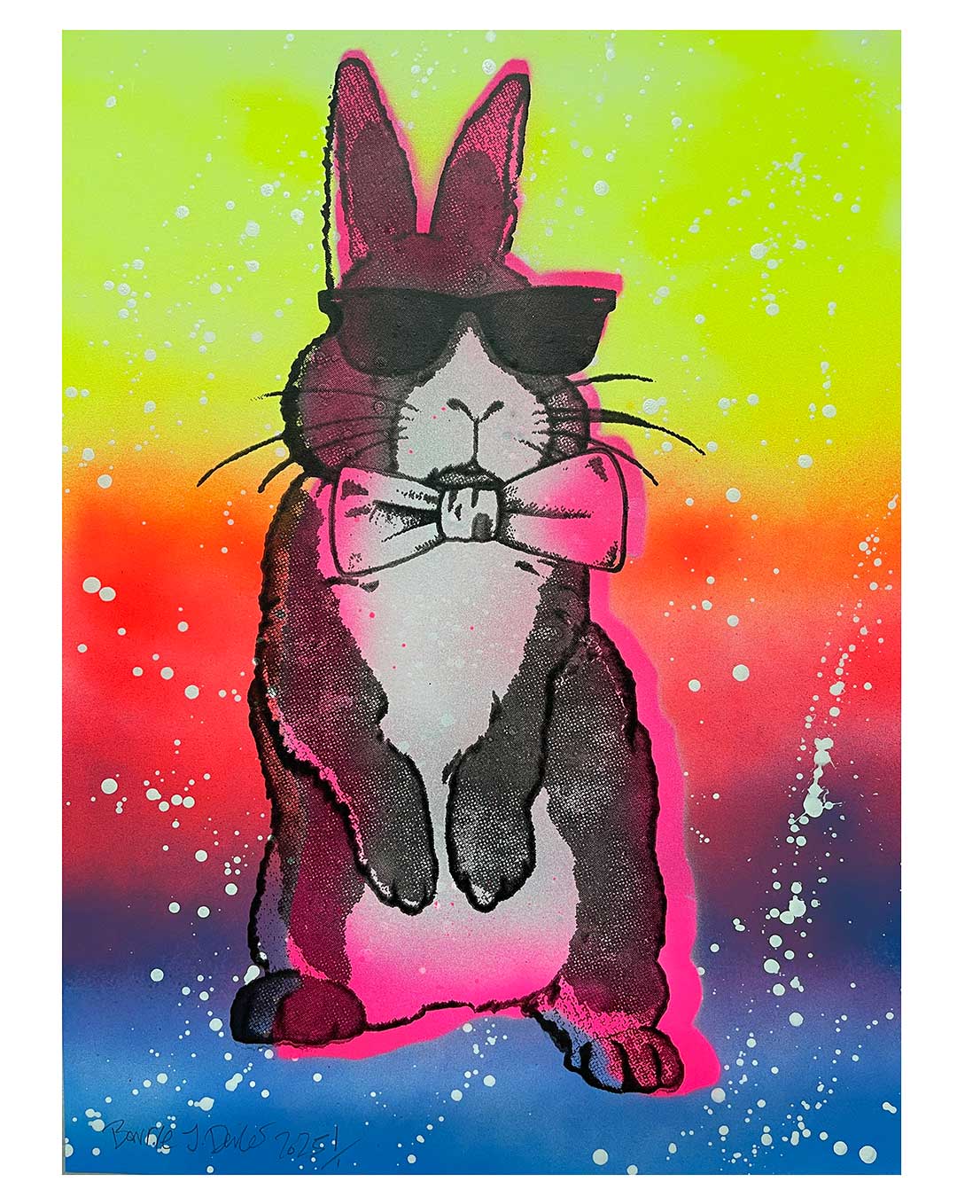 Party Techno Bunny Print Print by Barrie J Davies 2025, Unframed Silkscreen print on paper (hand finished), edition of 1/1 A3 size 29.7 cm x 42 cm.