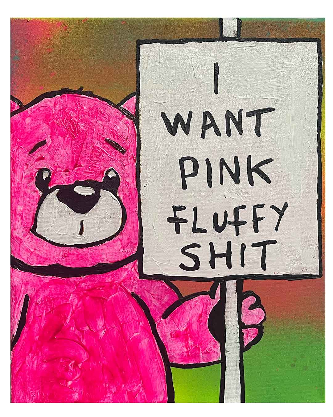 Pink Fluffy Painting by Barrie J Davies, Original Mixed media painting on Canvas, 20cm x 25cm, Pop Street Art Style and ready to hang.