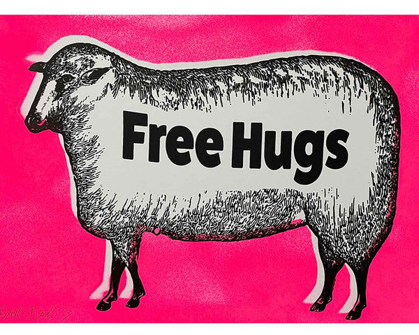 Pink Free Hugs Print by Barrie J Davies, unframed Silkscreen print on paper (hand finished) edition of 1/1 - A3 size 42.0 cm x 29.7cm
