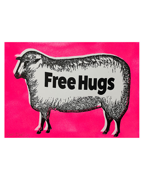 Pink Free Hugs Print by Barrie J Davies, unframed Silkscreen print on paper (hand finished) edition of 1/1 - A3 size 42.0 cm x 29.7cm