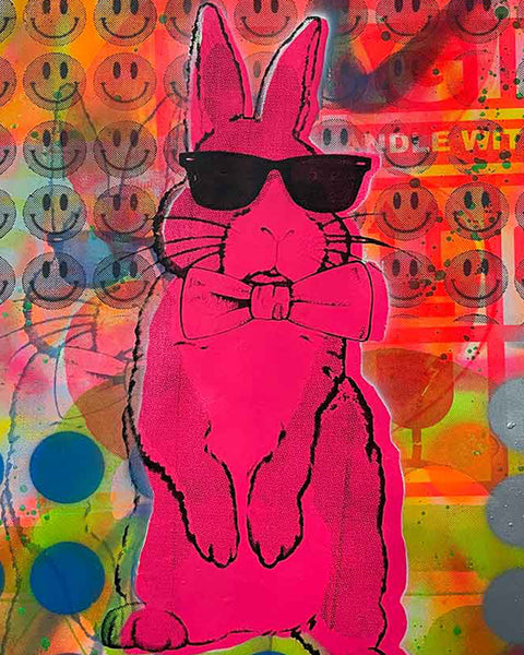 Pink Techno Bunny Print by Barrie J Davies, Unframed Silkscreen print on paper (hand finished), edition of 1/1 A2 size 42cm x 59cm.