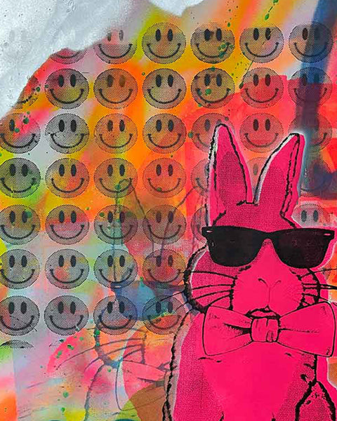 Pink Techno Bunny Print by Barrie J Davies, Unframed Silkscreen print on paper (hand finished), edition of 1/1 A2 size 42cm x 59cm.