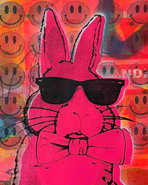 Pink Techno Bunny Print by Barrie J Davies, Unframed Silkscreen print on paper (hand finished), edition of 1/1 A2 size 42cm x 59cm.