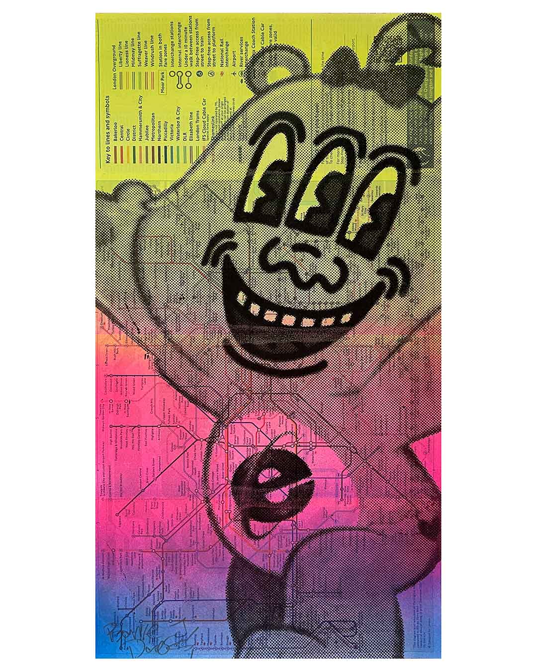 Rainbow Wrong Bear Tube Print by Barrie J Davies, Unframed Silkscreen print on tube map (hand finished), edition of 1/1 14.8cm x 29.5cm.