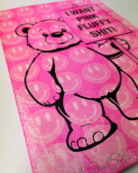 Smiley Pink Fluffy Print by Barrie J Davies, unframed Silkscreen print on paper (hand finished)&nbsp;edition of 1/1, A4 size 21 cm x 29.7 cm.