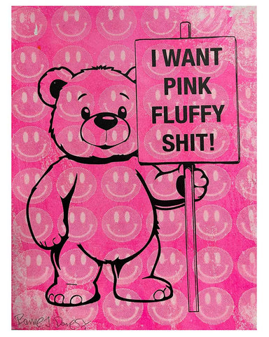 Smiley Pink Fluffy Print by Barrie J Davies, unframed Silkscreen print on paper (hand finished) edition of 1/1, A4 size 21 cm x 29.7 cm.