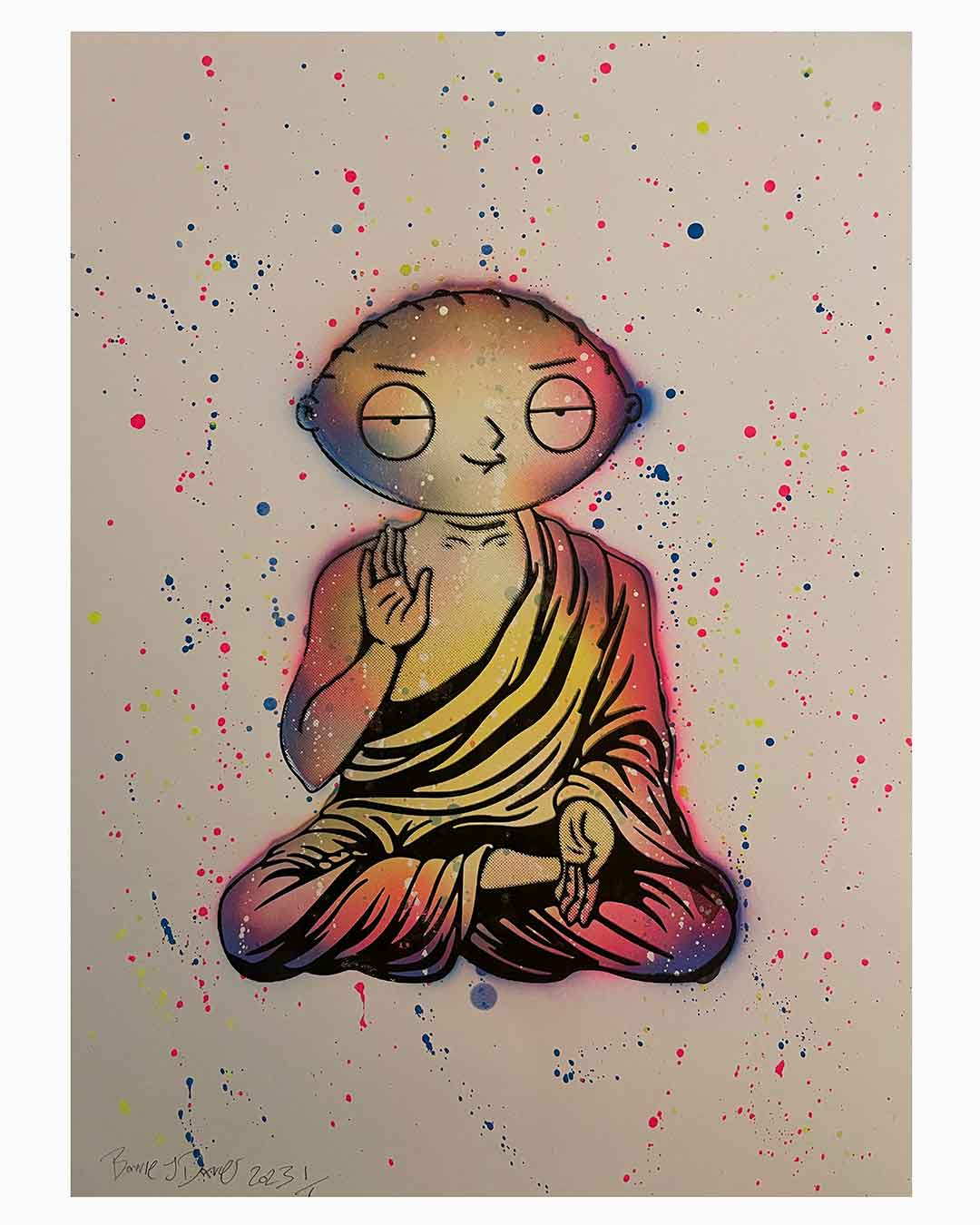 Spacey Family Guru Print by Barrie J Davies 2023, Unframed Silkscreen print on paper (hand finished), edition of 1/1 A2 size 42cm x 59cm.  