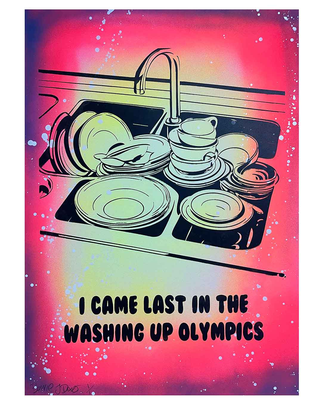 Splattered Washing Up Olympics Print by Barrie J Davies, Unframed Original Silkscreen print on paper (hand finished), edition of 1/1 A3 size 29cm x 42cm.