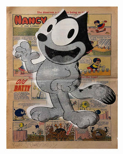 Too Vintage For Cats Print by Barrie J Davies 2023, Unframed Silkscreen print on vintage comic book paper (hand finished), edition of 1/1 size 42cm x 30cm.  