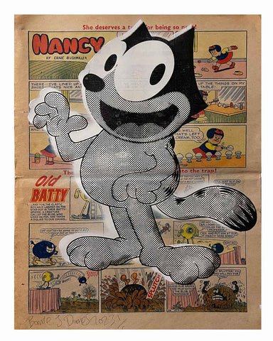 Too Vintage For Cats Print by Barrie J Davies 2023, Unframed Silkscreen print on vintage comic book paper (hand finished), edition of 1/1 size 42cm x 30cm.  