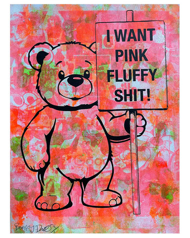Trippy Pink Fluffy Print by Barrie J Davies, unframed Silkscreen print on paper (hand finished) edition of 1/1, A4 size 21 cm x 29.7 cm.