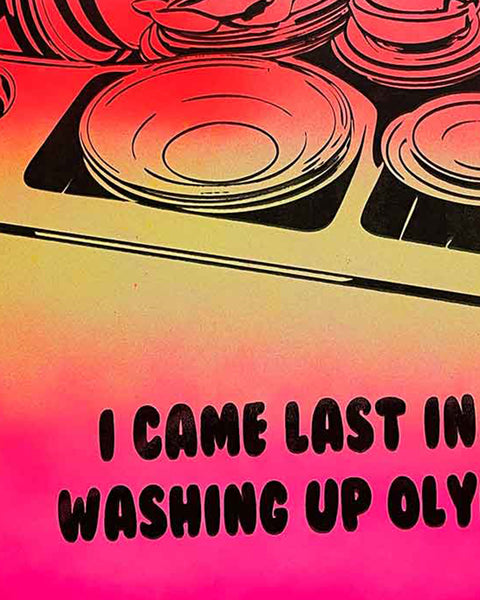 Washing Up Olympics Print by Barrie J Davies, Unframed Original Silkscreen print on paper (hand finished), edition of 1/1 A3 size 29cm x 42cm.  