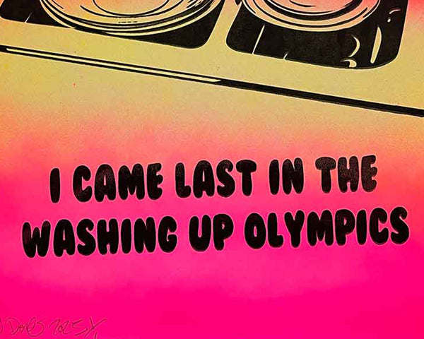 Washing Up Olympics Print by Barrie J Davies, Unframed Original Silkscreen print on paper (hand finished), edition of 1/1 A3 size 29cm x 42cm.  