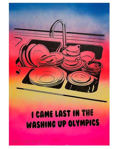 Washing Up Olympics Print by Barrie J Davies, Unframed Original Silkscreen print on paper (hand finished), edition of 1/1 A3 size 29cm x 42cm.