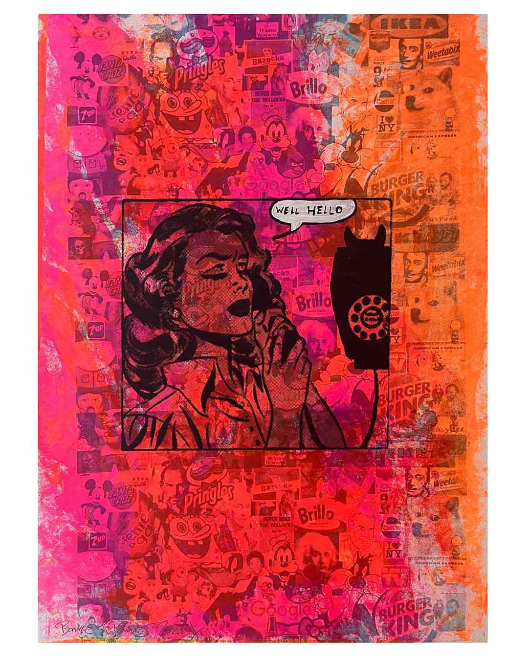 Well Hello Call Girl Print by Barrie J Davies 2021 - unframed Silkscreen print on paper (hand finished) edition of 1/1 - A2 size 42cm x 59.4cm.
